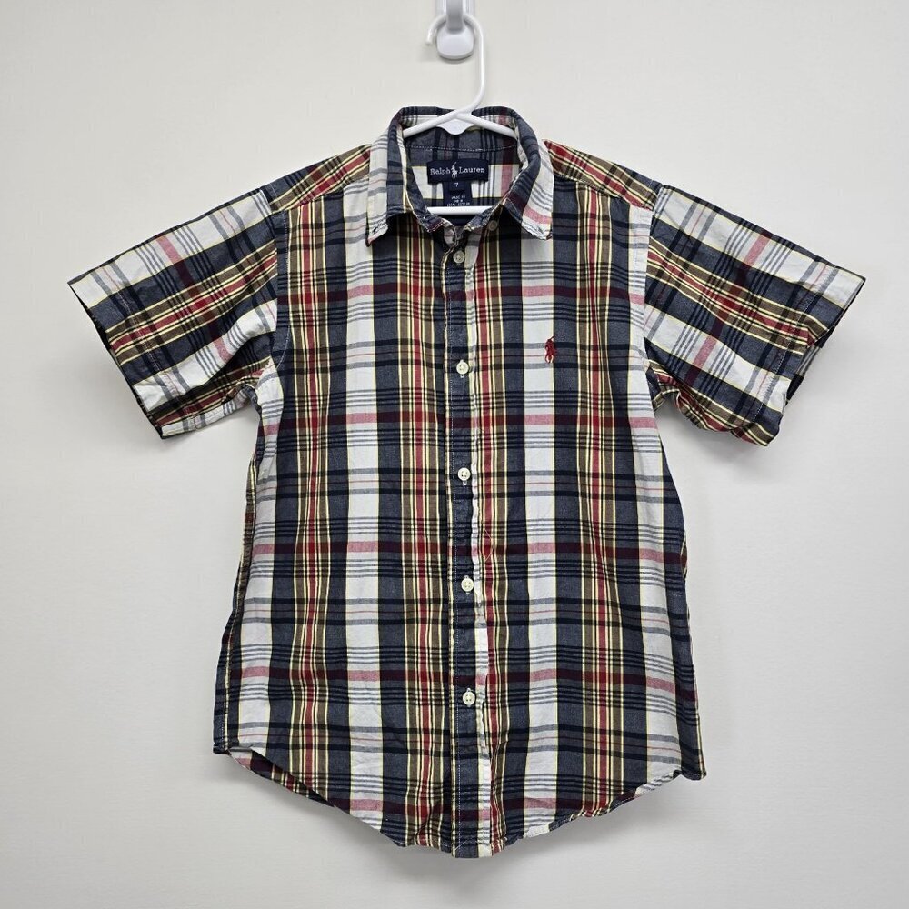 Ralph Lauren Boys Size 7 Short Sleeve Button Up Shirt Blue Red Yellow Plaid